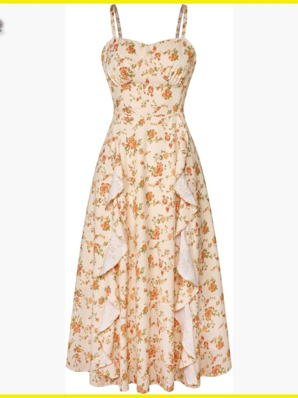 Floral Midi Dress Boho Chic Flowy Spaghetti Strap Ruffle Wedding Guest